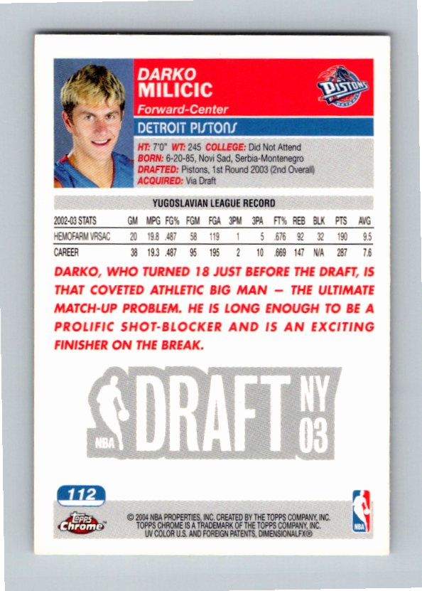 2003 Topps Chrome Darko Milicic #112