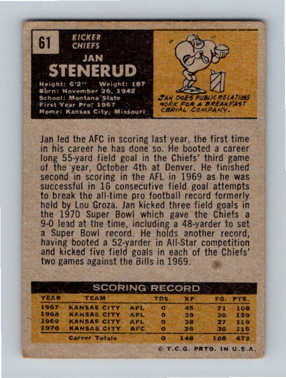 1971 Topps Jan Stenerud #61