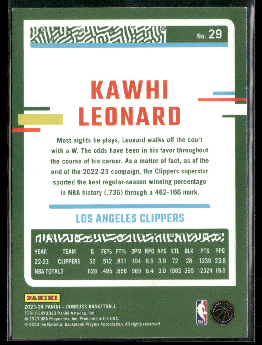 2023-24 Panini Donruss Basketball Kawhi Leonard #29 Pink Laser /50