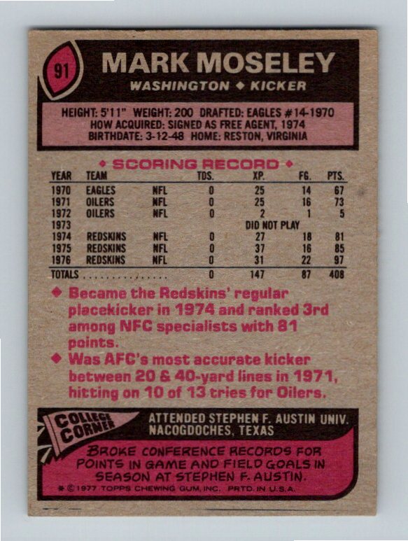 1977 Topps Mark Moseley #91