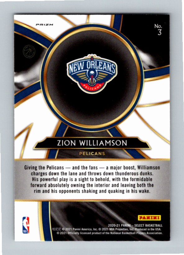 2020 Panini Select Zion Williamson #3 Turbocharged Silver Prizm