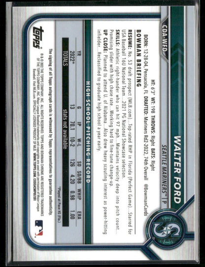 2022 Bowman Draft Chrome Walter Ford #CDA-WFO RayWave Refractor Auto