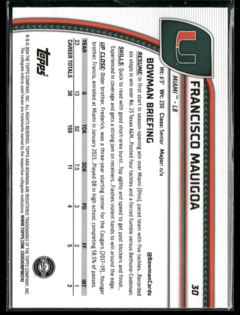 2024 Bowman Chrome University Francisco Mauigoa #30 Teal Lava