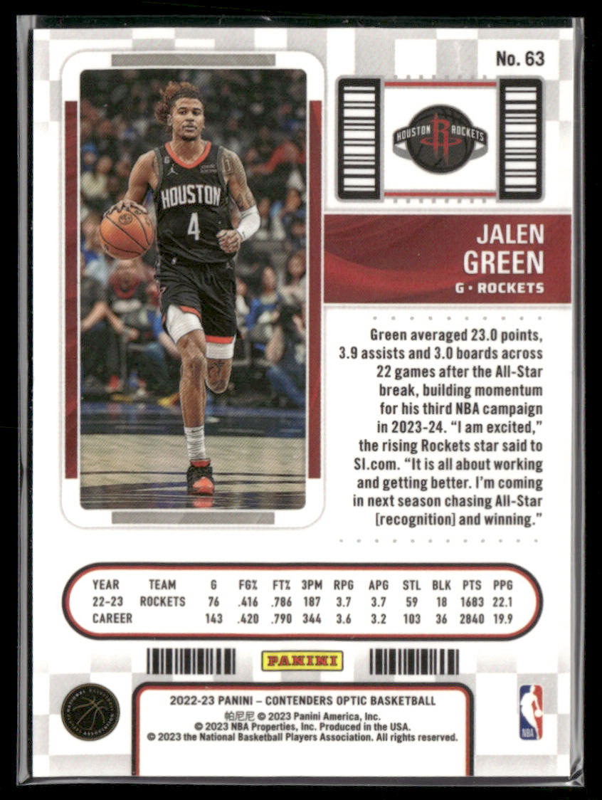 2022-23 Panini Contenders Optic Jalen Green #63 Season Ticket