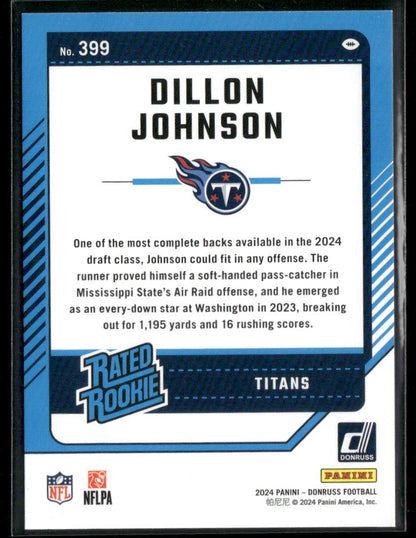 2024 Panini Donruss Dillon Johnson #399 Green Press Proof Rated Rookie