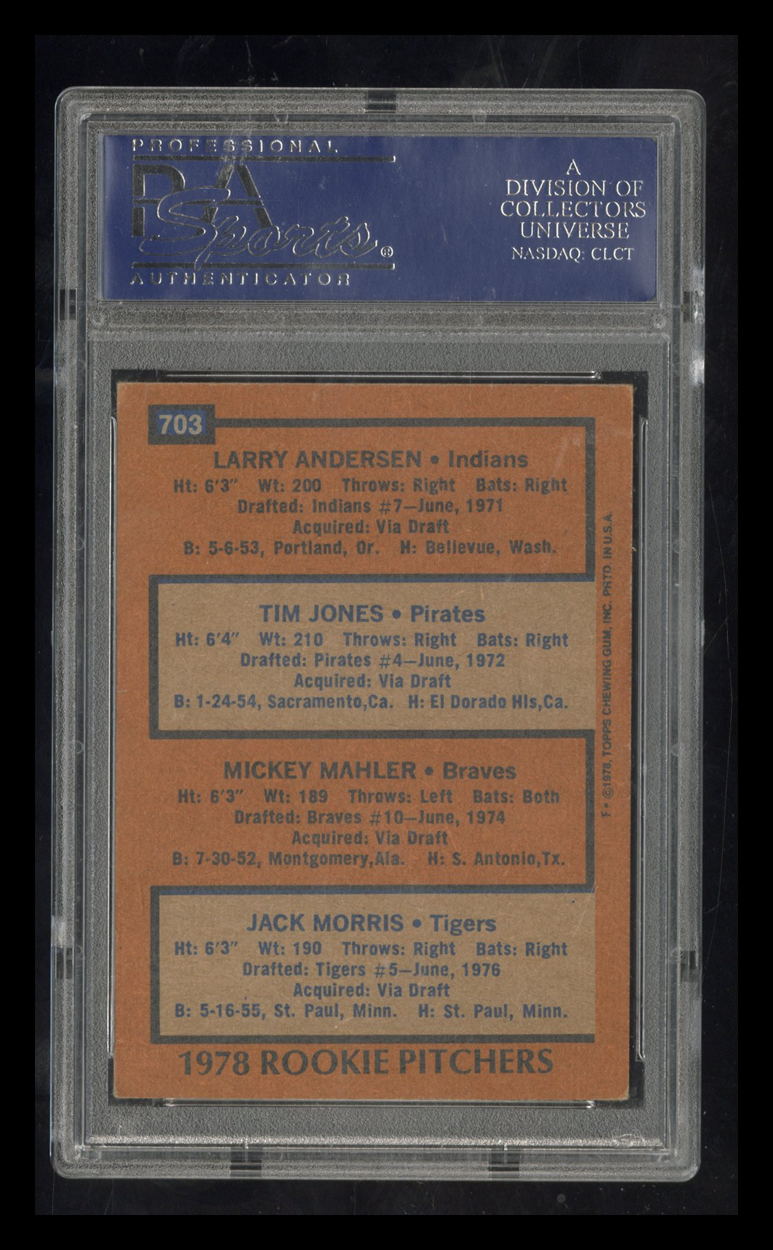 1978 Topps Jack Morris #703 PSA/DNA Rookie Pitchers Auto PSA Authentic