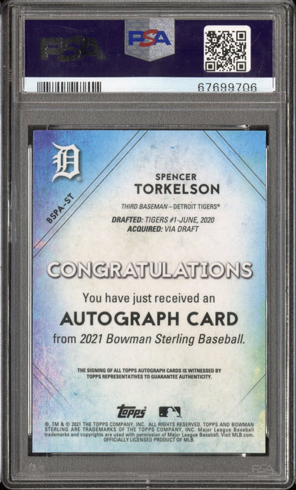 2021 Bowman Sterling Spencer Torkelson Prospect Auto Blue Refractor PSA 9