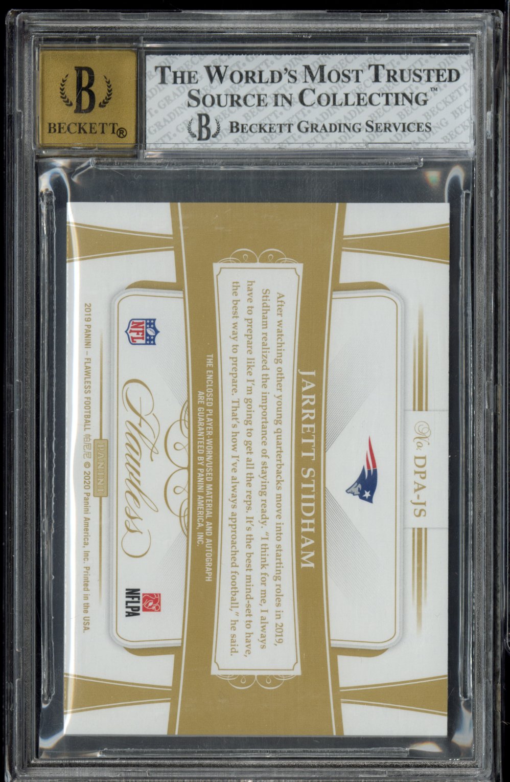 2019 Panini Flawless Jarrett Stidham #14 Rookie Dual Patch Auto Ruby /15 BGS 8