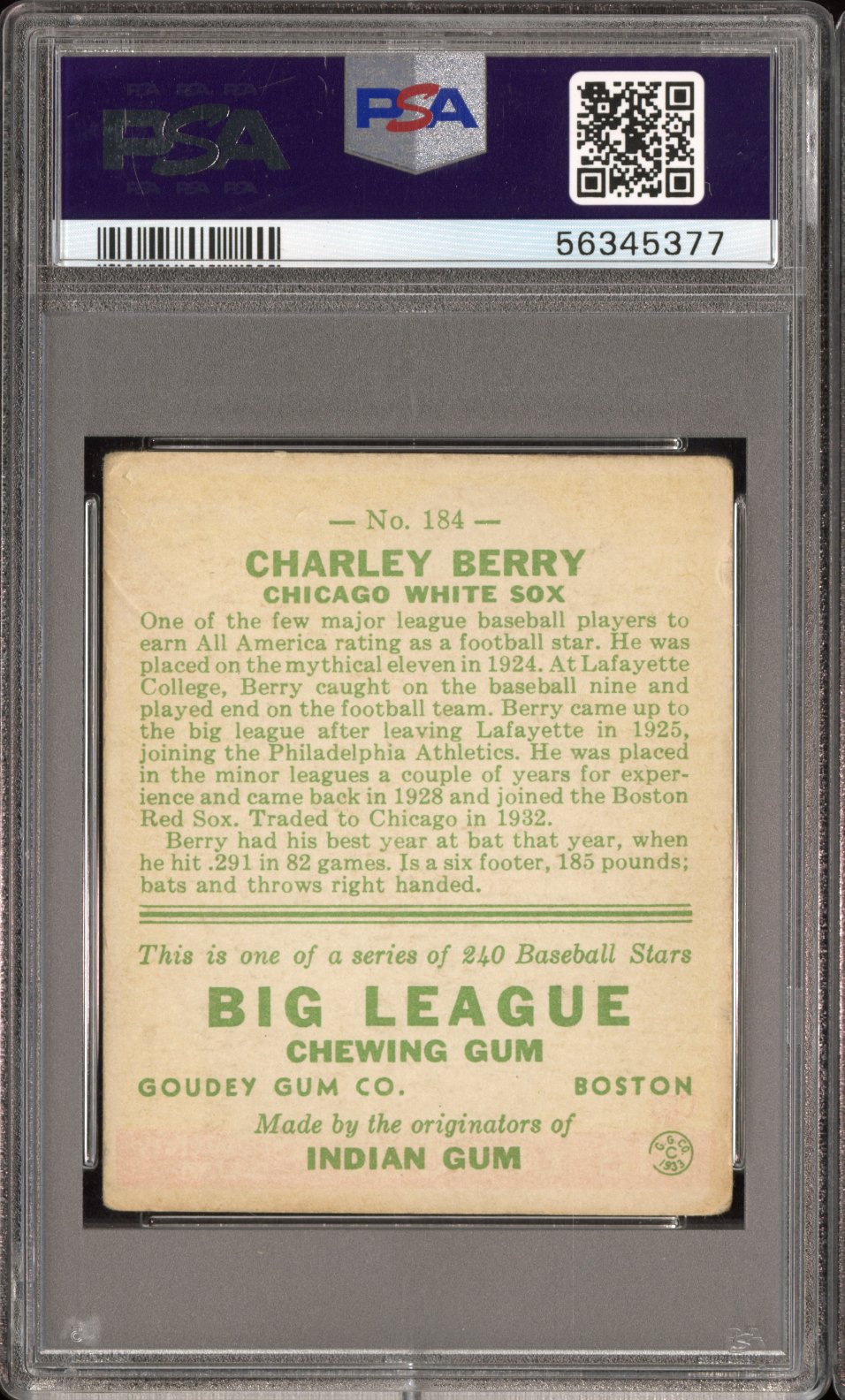 1933 Goudey Charley Berry #184 PSA 2.5