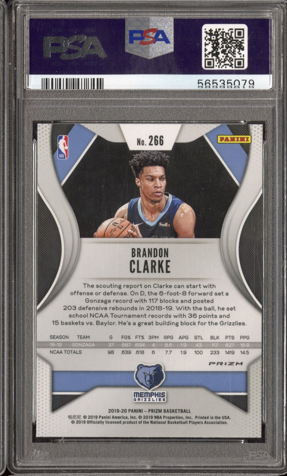 2019 Panini Prizm Brandon Clarke #266 Fast Break Prizm Rookie PSA 9