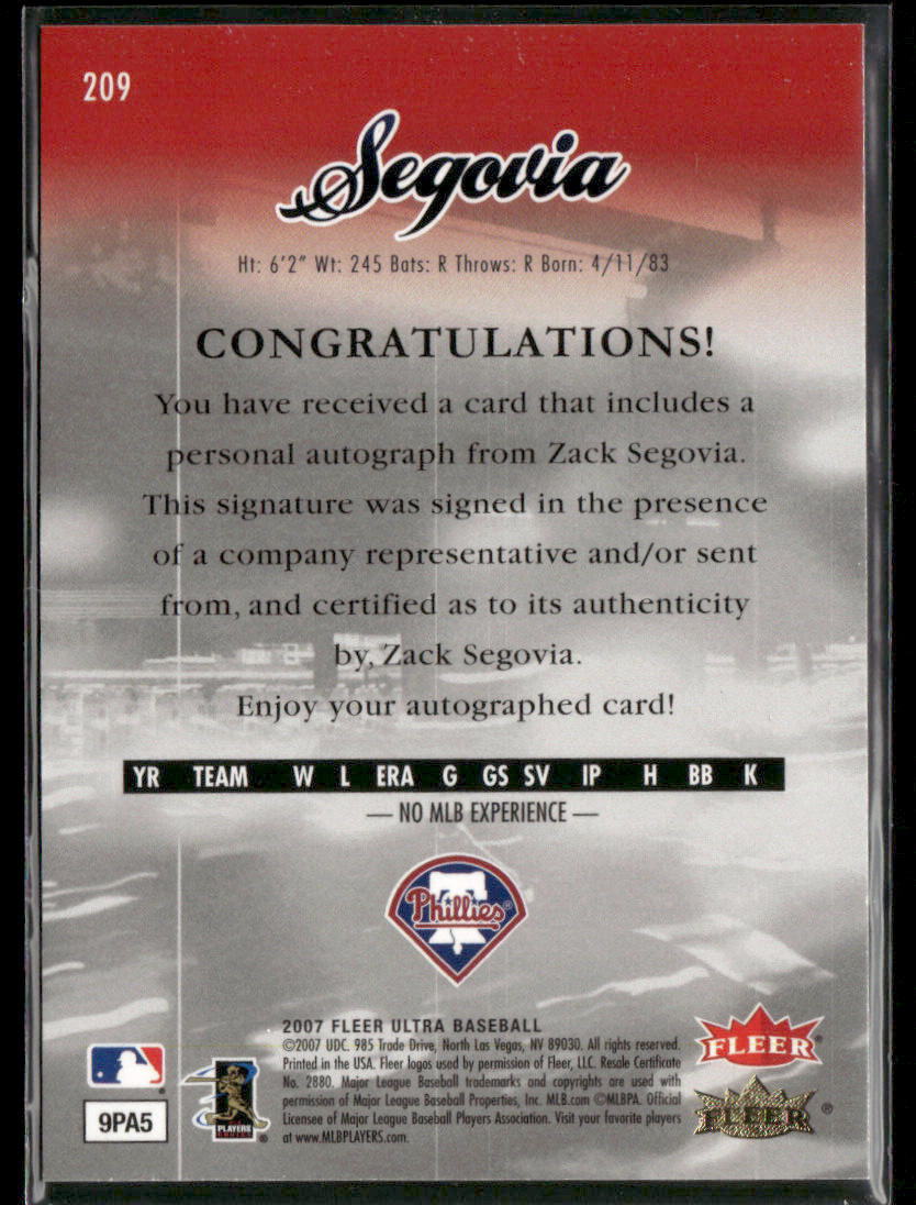 2007 Fleer Ultra Baseball Zack Segovia #209 Autograph /299