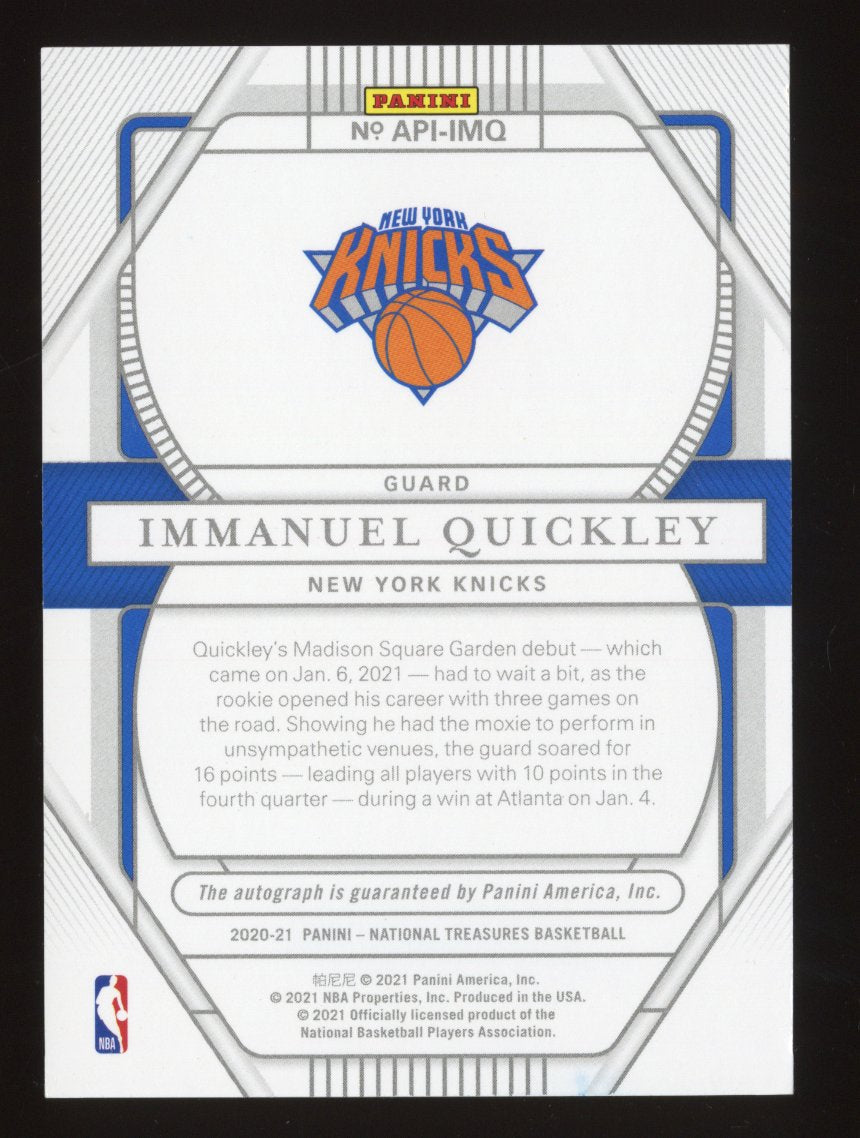 2020-21 Panini National Treasures Immanuel Quickley Apprentice Ink RC Auto /25