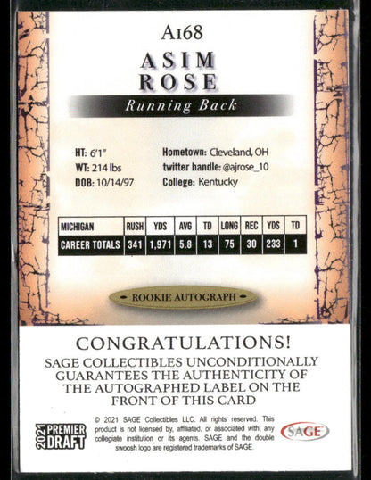 2021 Premier Draft Asim Rose #A168 Rookie Autograph