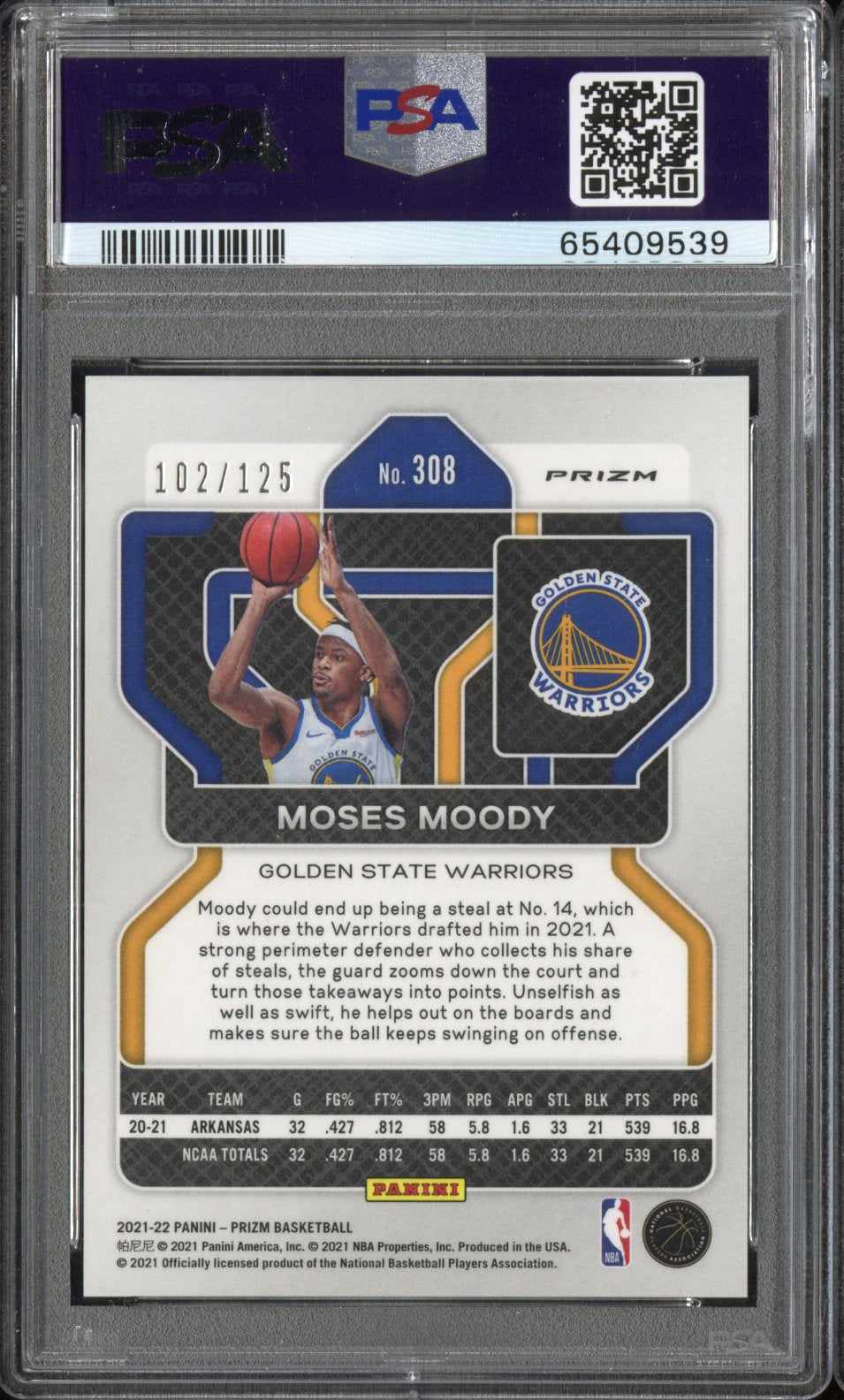 2021 Panini Prizm Moses Moody #308 Blue Ice /125 PSA 9