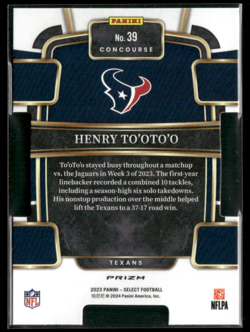 2023 Panini Select Henry To'oto'o #39 Die Cut Silver Prizm RC