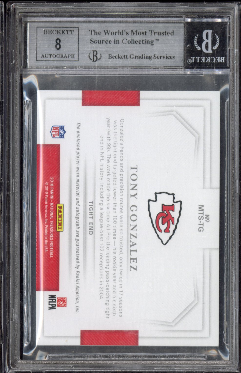 2018 Panini National Treasures Material Signatures Tony Gonzalez /10 BGS 9