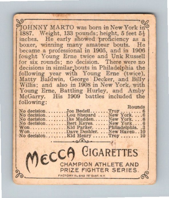 1910 Mecca Cigarettes Johnny Marto Vintage