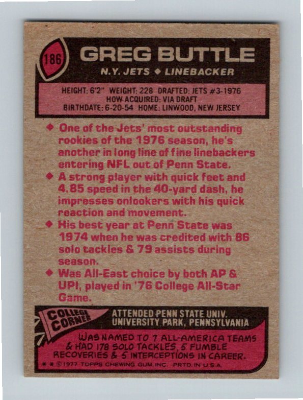 1977 Topps Greg Buttle #186