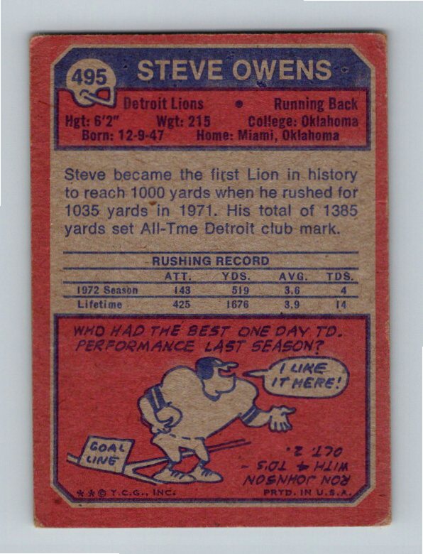 1973 Topps Steve Owens #495