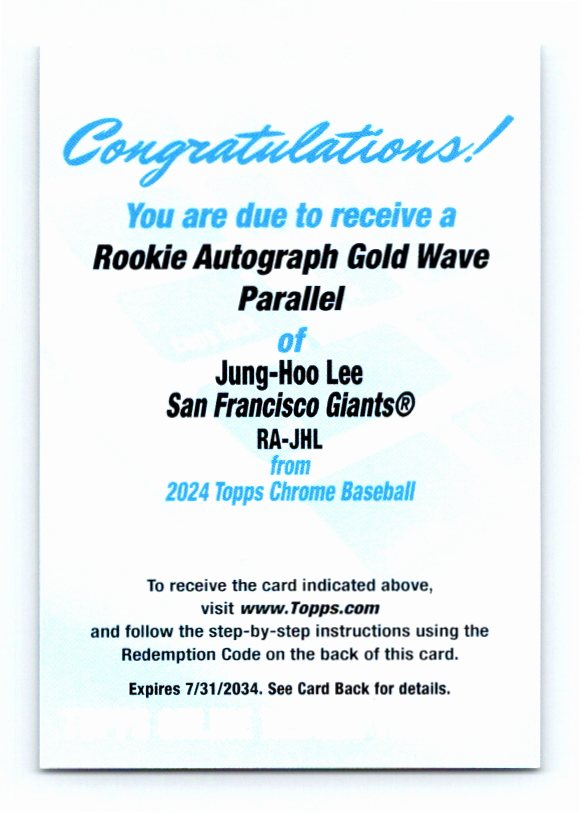 2024 Topps Chrome Jung-Hoo Lee Gold Wave Rookie Autograph Redemption /50