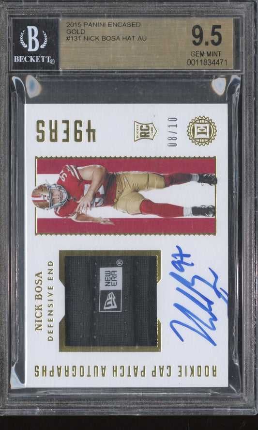 2019 Panini Encased Gold Nick Bosa #131 Rookie Cap Patch Autograph /10 BGS 9.5