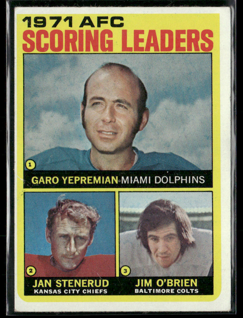 1972 Topps Jan Stenerud Garo Yepremian Jim O'Brien #7 Scoring Leaders