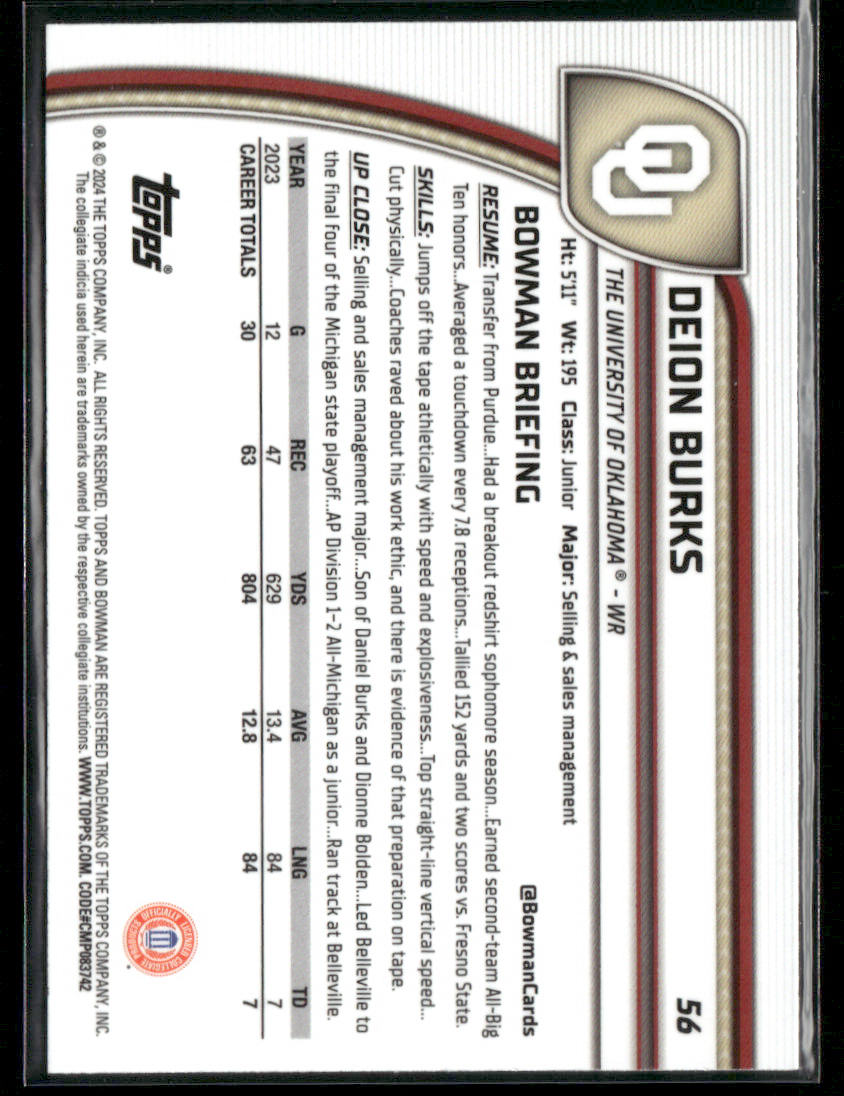 2024 Bowman Chrome University Deion Burks #56