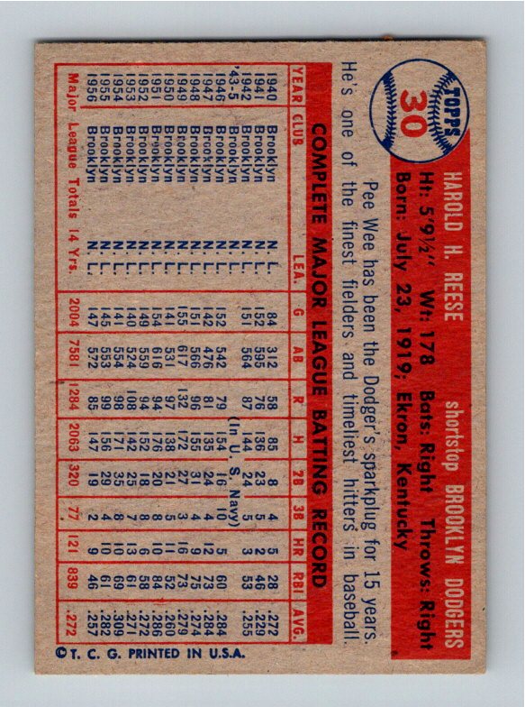 1957 Topps Pee Wee Reese #30