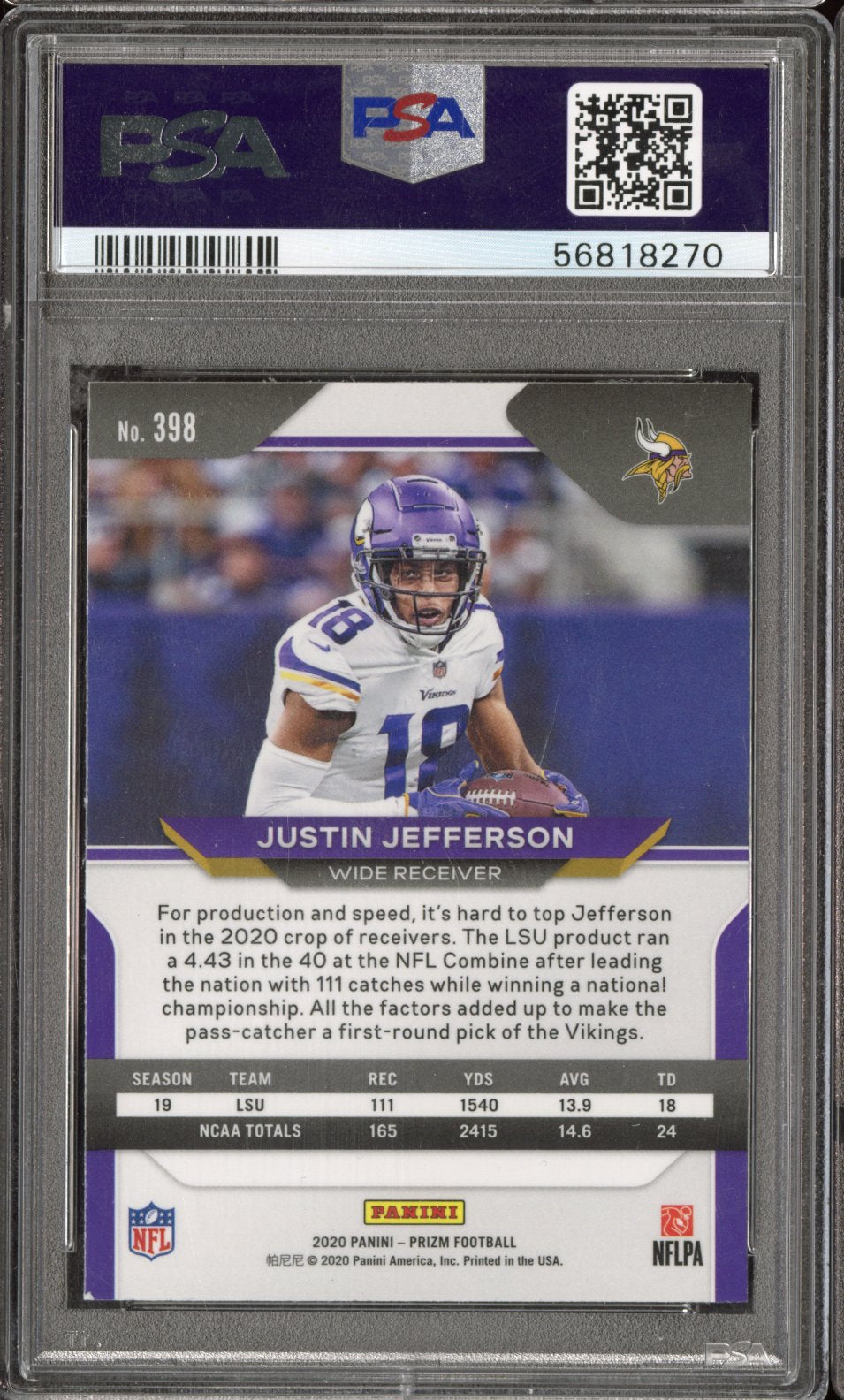 2020 Panini Prizm Justin Jefferson #398 PSA 8