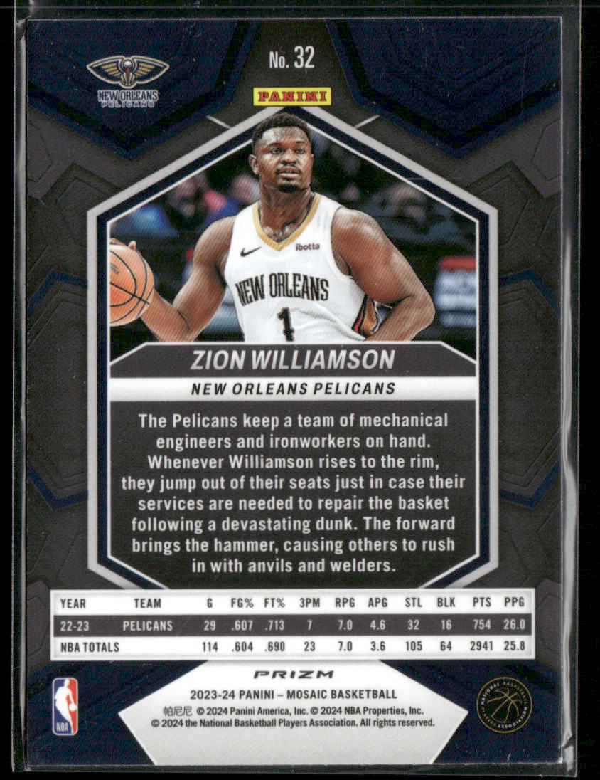 2023-24 Panini Mosaic Zion Williamson #32 Reactive Yellow