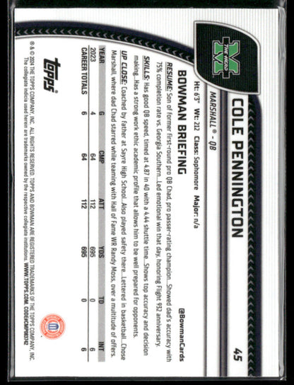 2024 Bowman Chrome University Cole Pennington #12 Xfractor