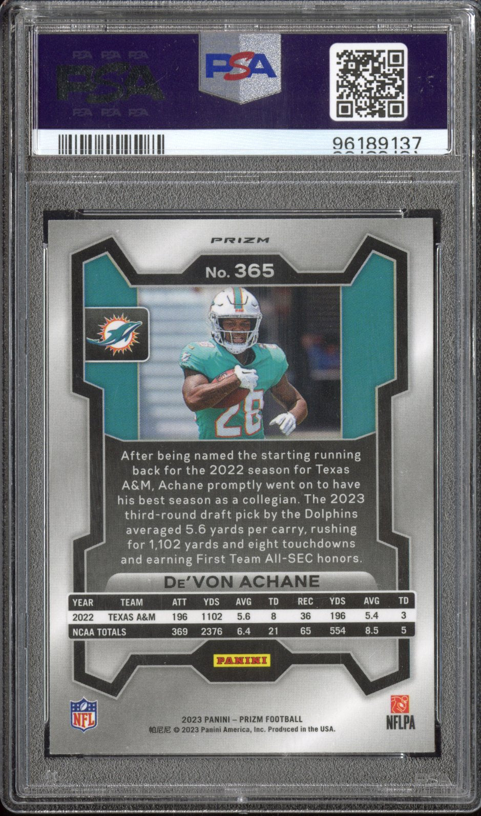 2023 Panini Prizm De'von Achane #365 Silver Prizm Rookie PSA 9