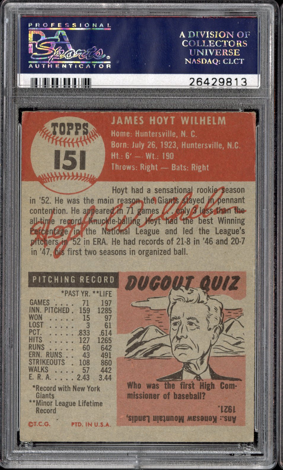 1953 Topps Hoyt Wilhelm #151 PSA 5