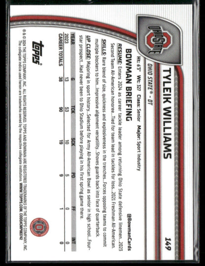 2024 Bowman Chrome University Tyleik Williams #149 Aqua Mini Diamond