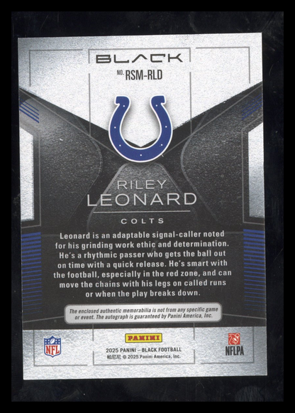 2025 Panini Black Riley Leonard #RSM-RLD RC Rookie Dual Patch Auto Royal 17/99