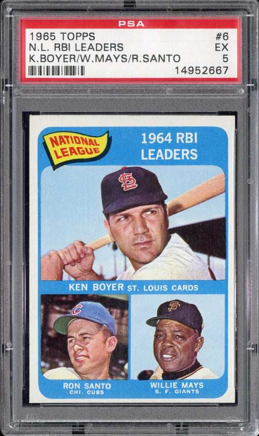 1965 Topps N. L. Rbi Leaders #6 K. Boyer R. Santo W. Mays PSA 5