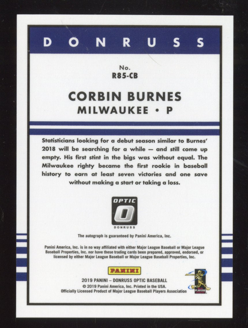 2019 Panini Donruss Optic Corbin Burnes #R85-CB Rated Rookies Signatures Holo