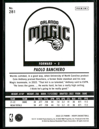 2022-23 Panini Hoops Basketball Paolo Banchero #281