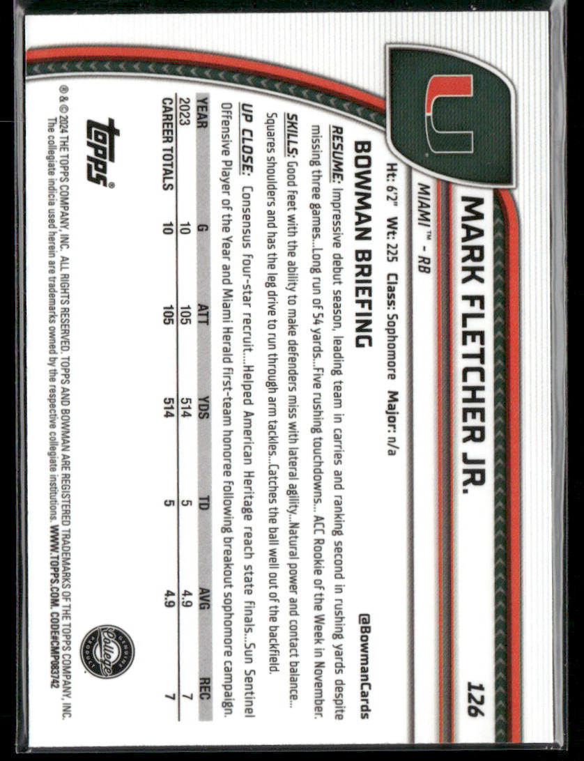 2024 Bowman Chrome University Mark Fletcher Jr. #126 Teal Lava