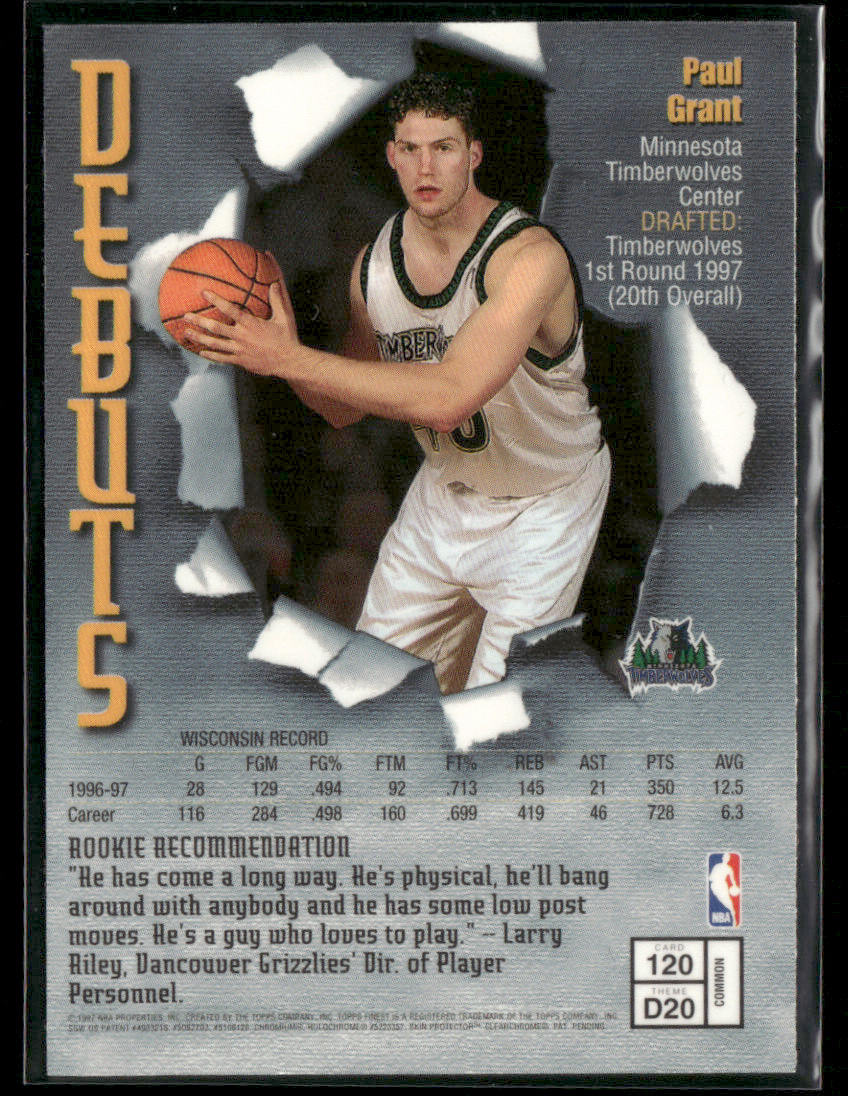 1997-98 Topps Finest Paul Grant #D20 Debuts Rookie