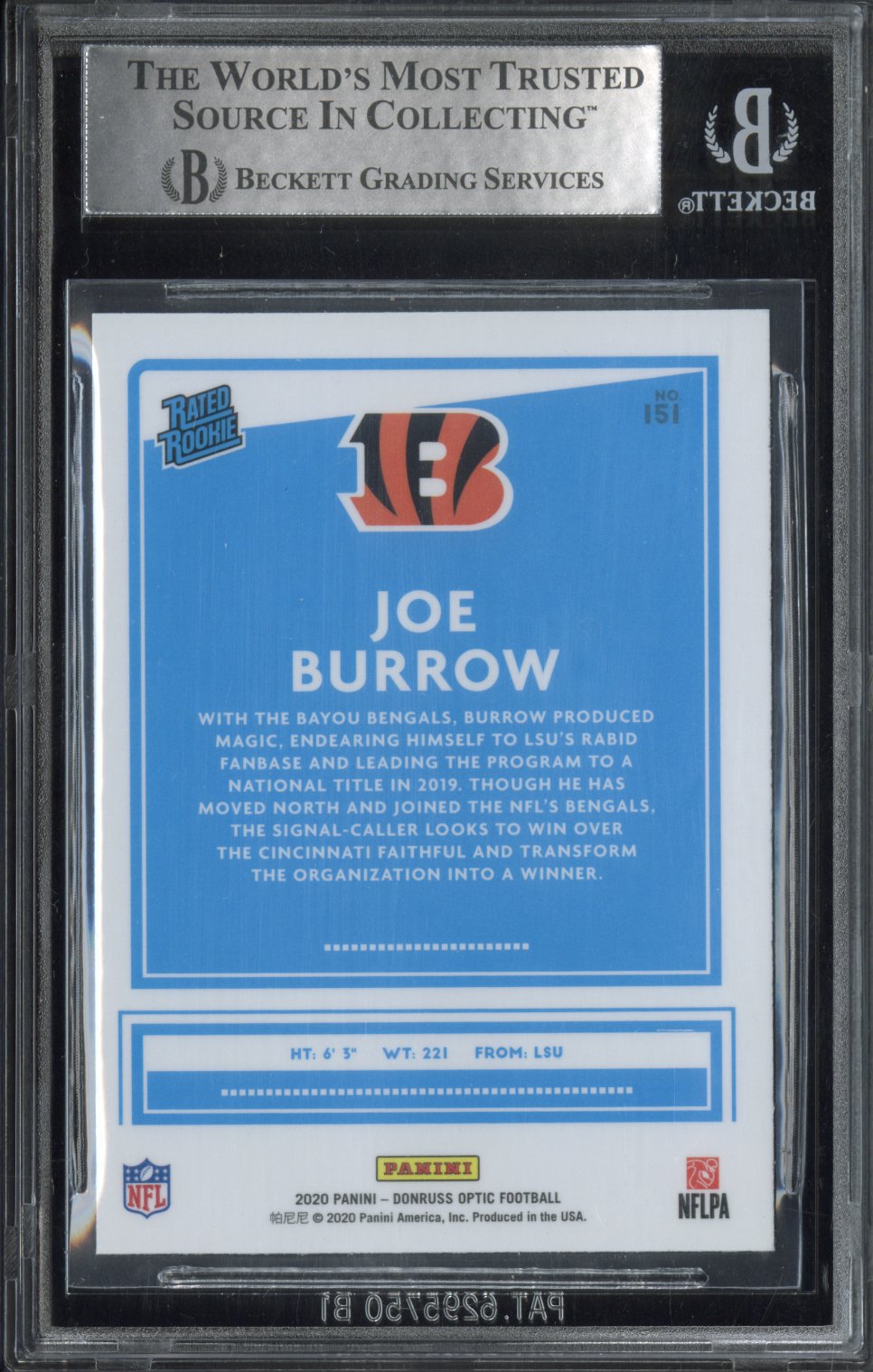 2020 Donruss Optic Joe Burrow RR RC #151 Rated Rookie BGS 9