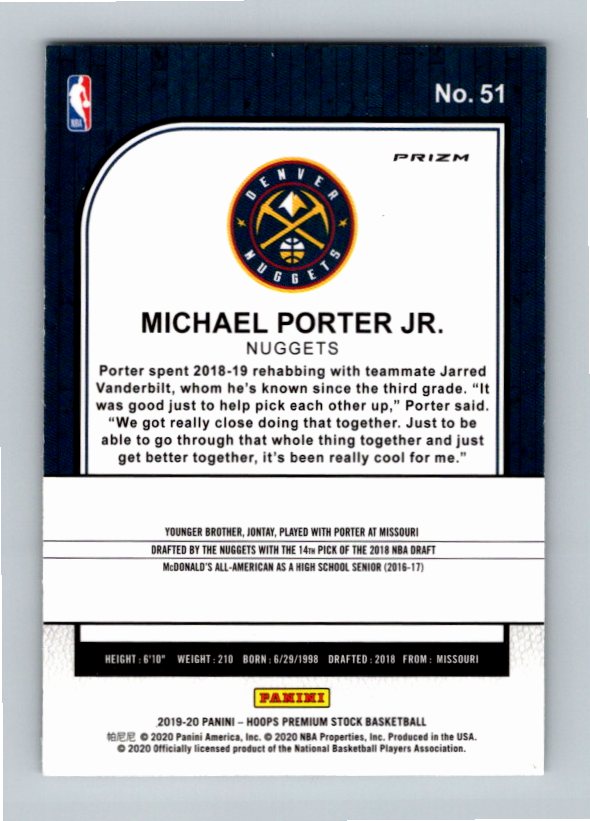 2019 Panini Hoops Premium Stock Michael Porter Jr. #51 Silver