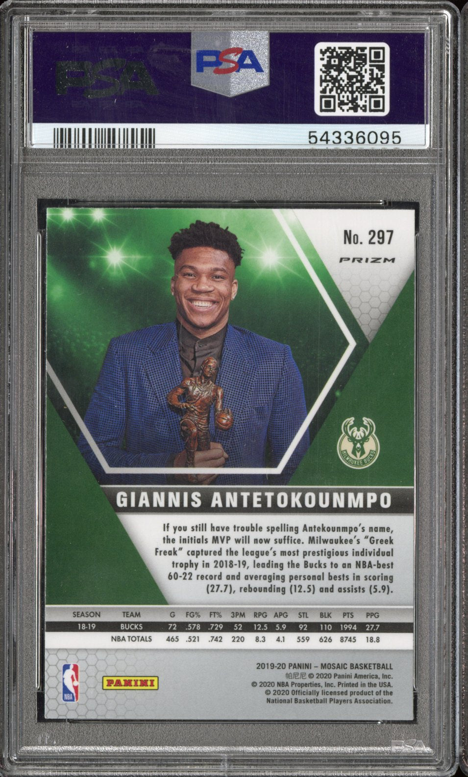 2019 Panini Mosaic Giannis Antetokounmpo #297 Genesis PSA 9