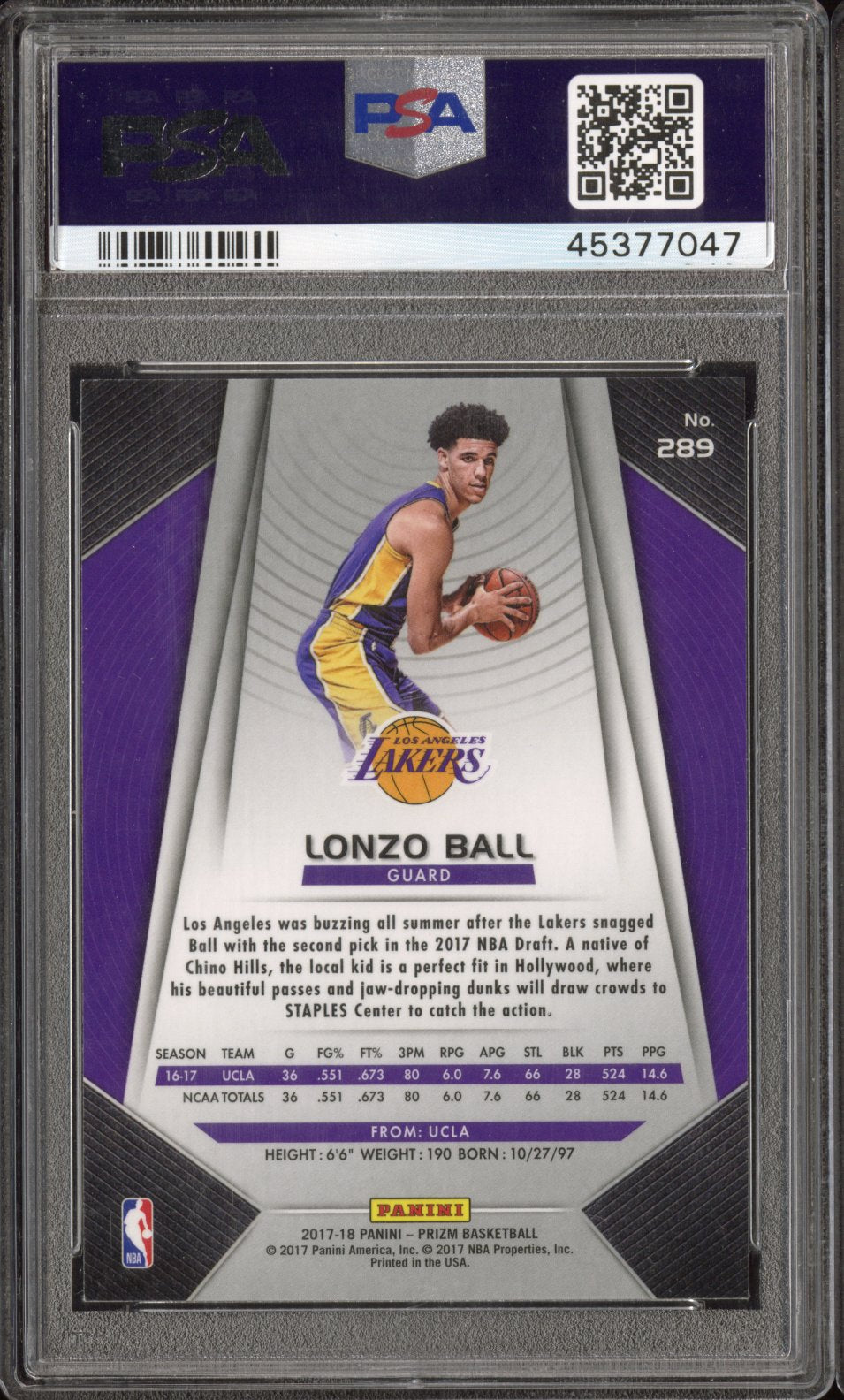 2017 Panini Prizm Lonzo Ball #289 PSA 10