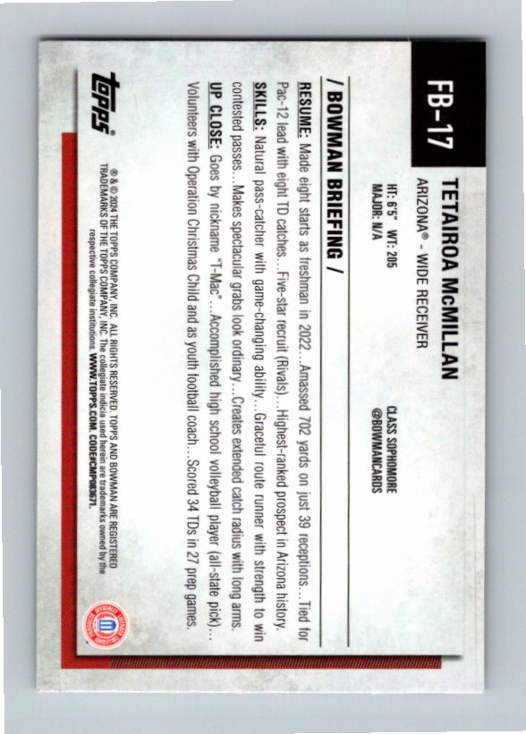 2024 Bowman Chrome U National Exclusive Tetairoa McMillan #FB-17