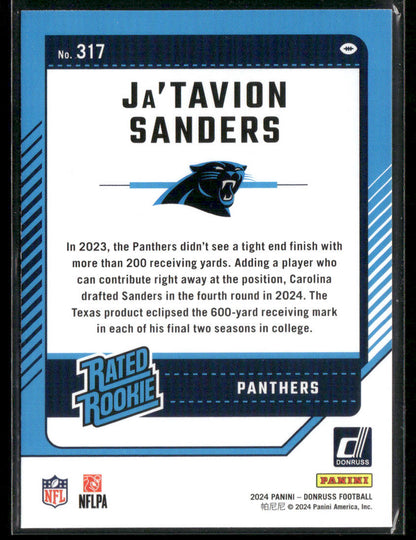 2024 Panini Donruss Ja'Tavion Sanders #317 Rated Rookie