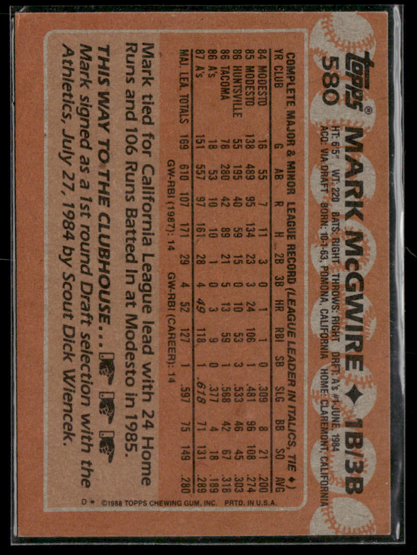 1988 Topps Mark McGwire #580