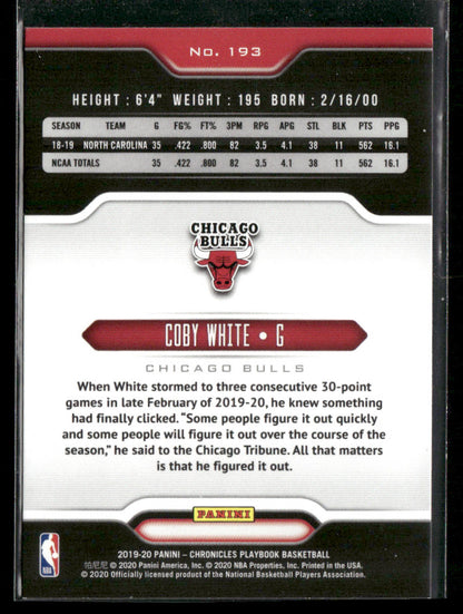 2019-20 Chronicles Coby White #193 Playbook Pink Rookie