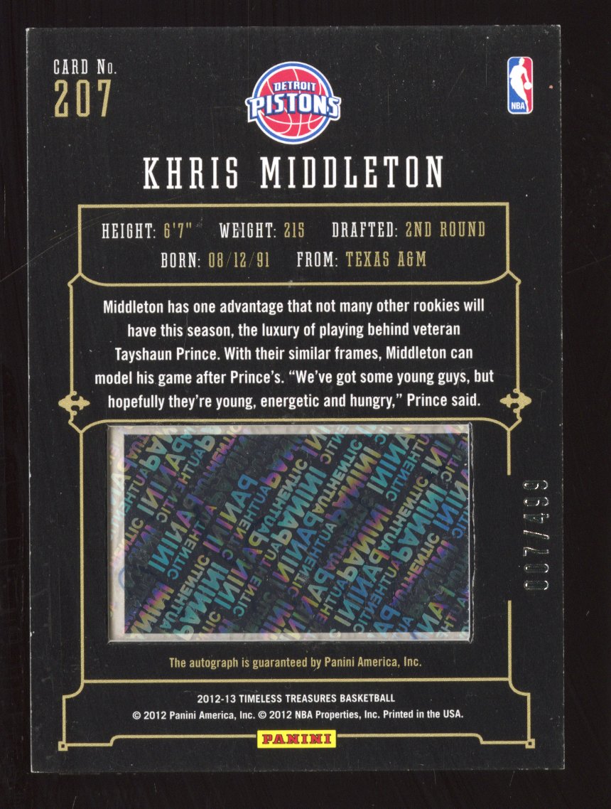 2012 Panini Timeless Treasures Khris Middleton #207 Rookie Glass Autograph /499