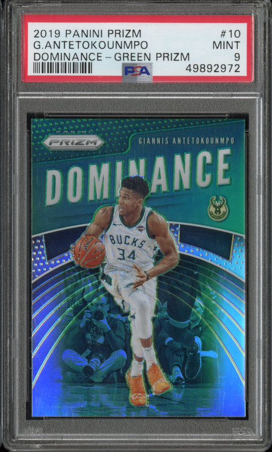 2019 Panini Prizm Dominance G. Antetokounmpo #10 Dominance Green Prizm PSA 9